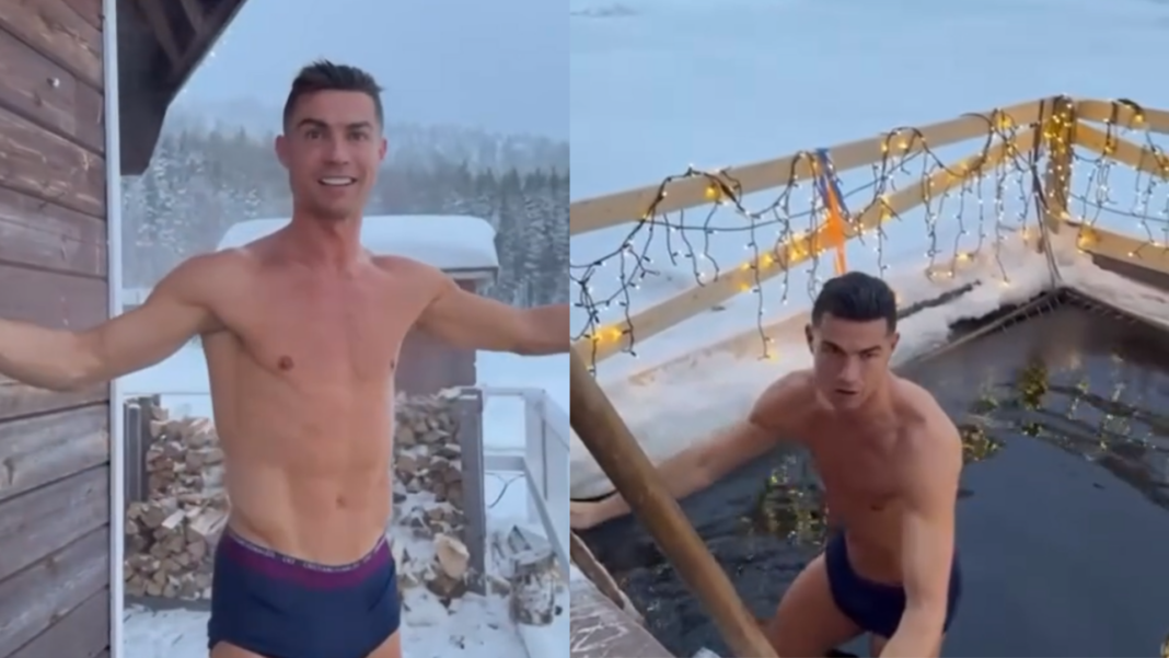 de-cueca,-cristiano-ronaldo-encara-piscina-congelante-no-frio-da-laponia