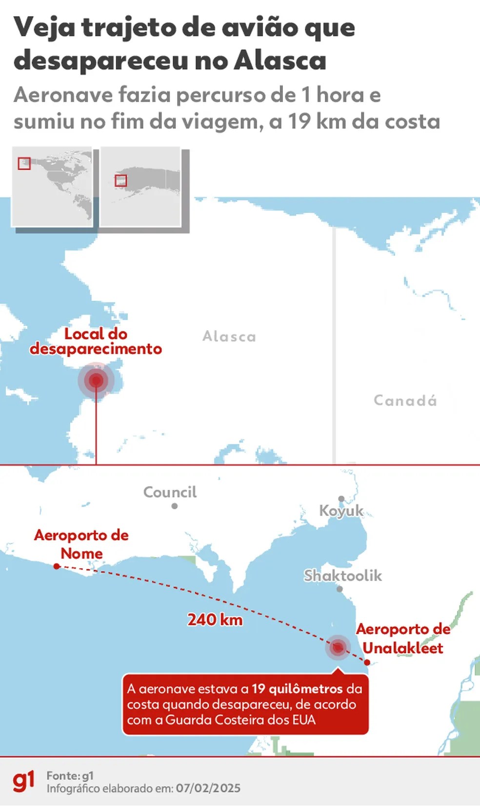 Veja trajeto de avião que desapareceu no Alasca — Foto: Arte g1