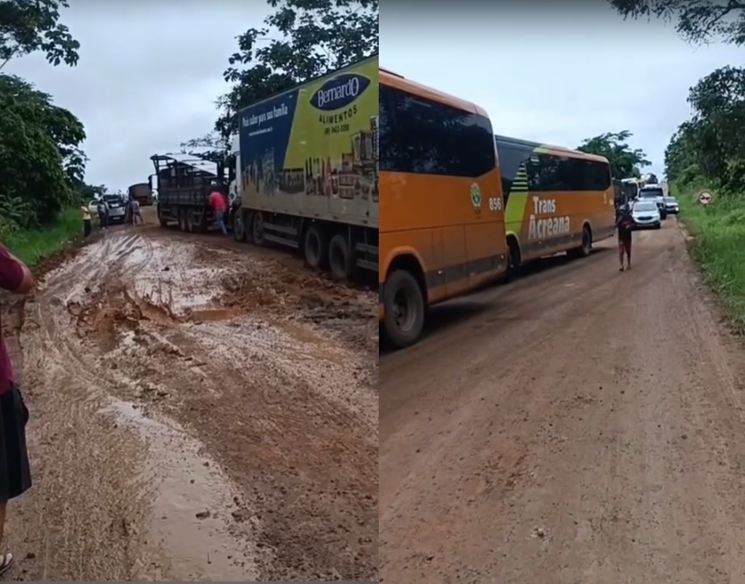 video-mostra-fila-de-caminhoes-em-atoleiro-na-br-364;-taxistas-ameacam-fechar-rodovia-em-protesto