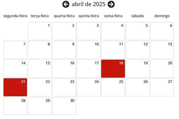 Calendário abril 2025