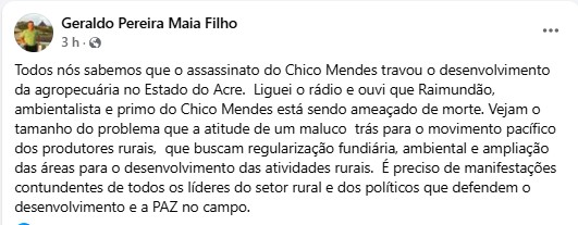 “A morte de Chico Mendes travou o Acre”, diz produtor rural e ex-deputado Geraldo Pereira | Cidade AC News – Notícias do Acre