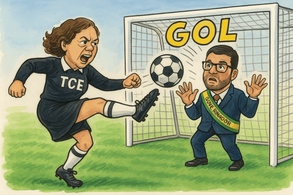 "De árbitra a atacante: Naluh Gouveia, conselheira do TCE, é retratada chutando contra o gol do governador Gladson Cameli, em alusão às críticas sobre seu ativismo político dentro de um órgão técnico."