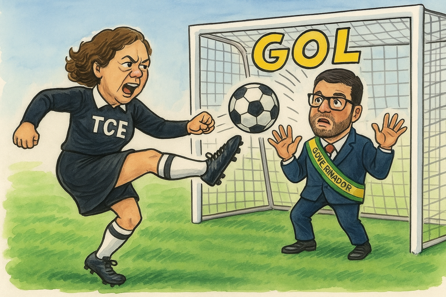 "De árbitra a atacante: Naluh Gouveia, conselheira do TCE, é retratada chutando contra o gol do governador Gladson Cameli, em alusão às críticas sobre seu ativismo político dentro de um órgão técnico."