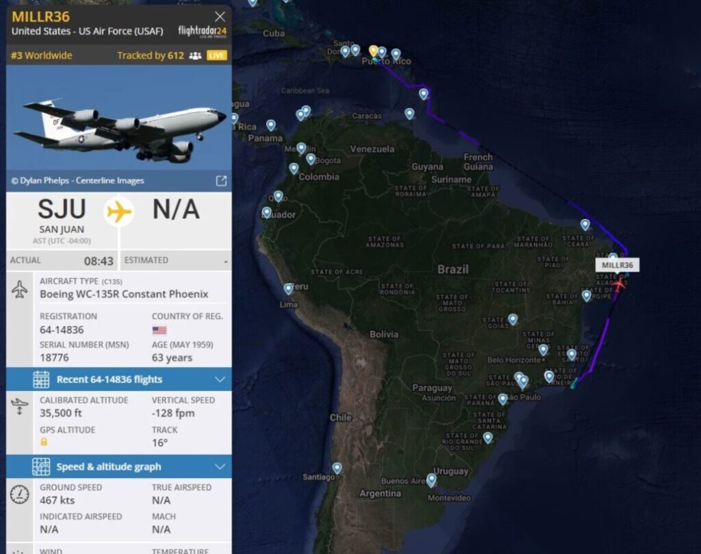 Mapa mostra rota do Boeing C-32B vindo de Porto Rico, pousando em Porto Alegre e seguindo para Guarulhos.