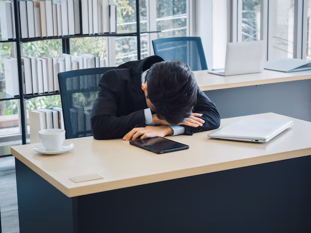 Profissional sentado com cabeça baixa em ambiente de trabalho, simbolizando esgotamento