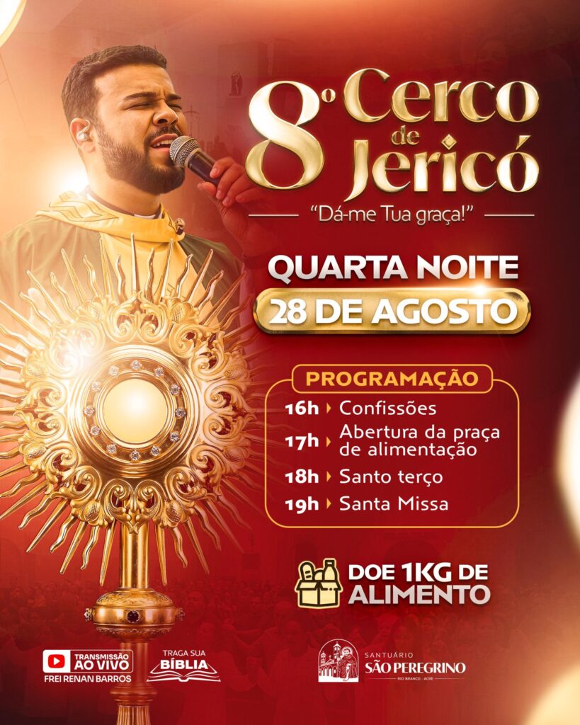 Com o tema inspirador “Dá-me tua graça!”, a noite promete momentos intensos de fé, clamor e renovação espiritual, conduzidos por Frei Renan Barros.