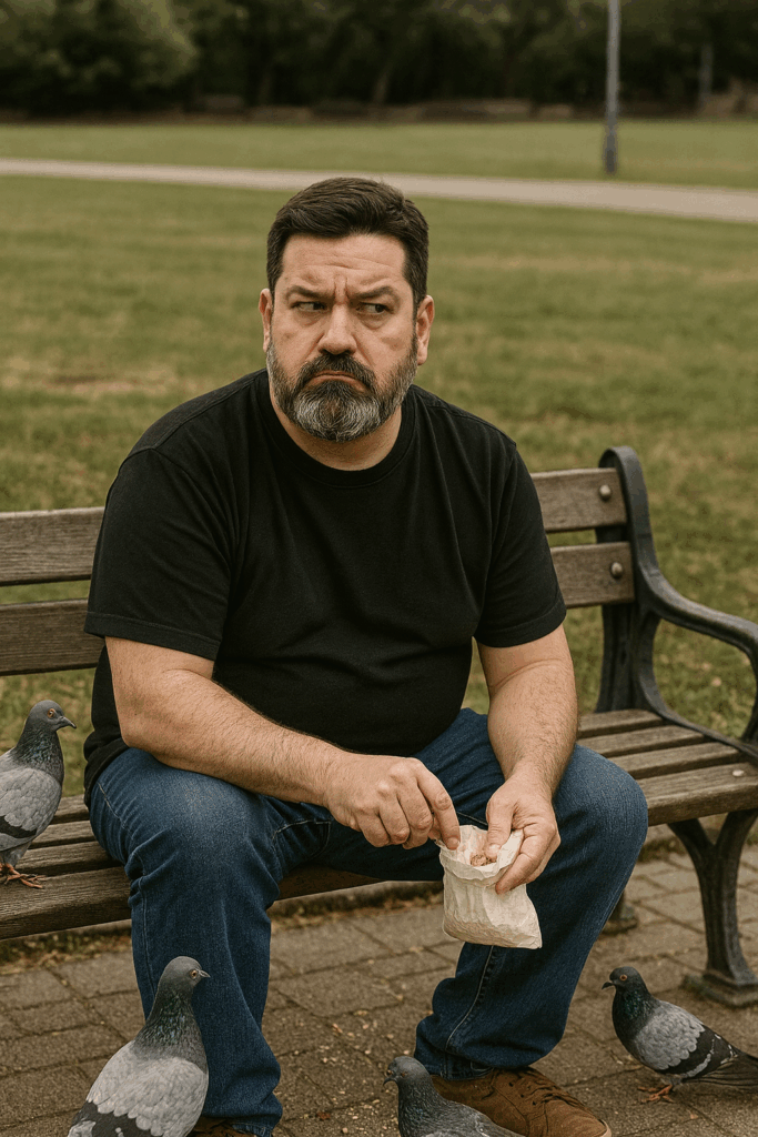 Lazer no Acre – Ton sentado em praça vazia dando comida aos pombos