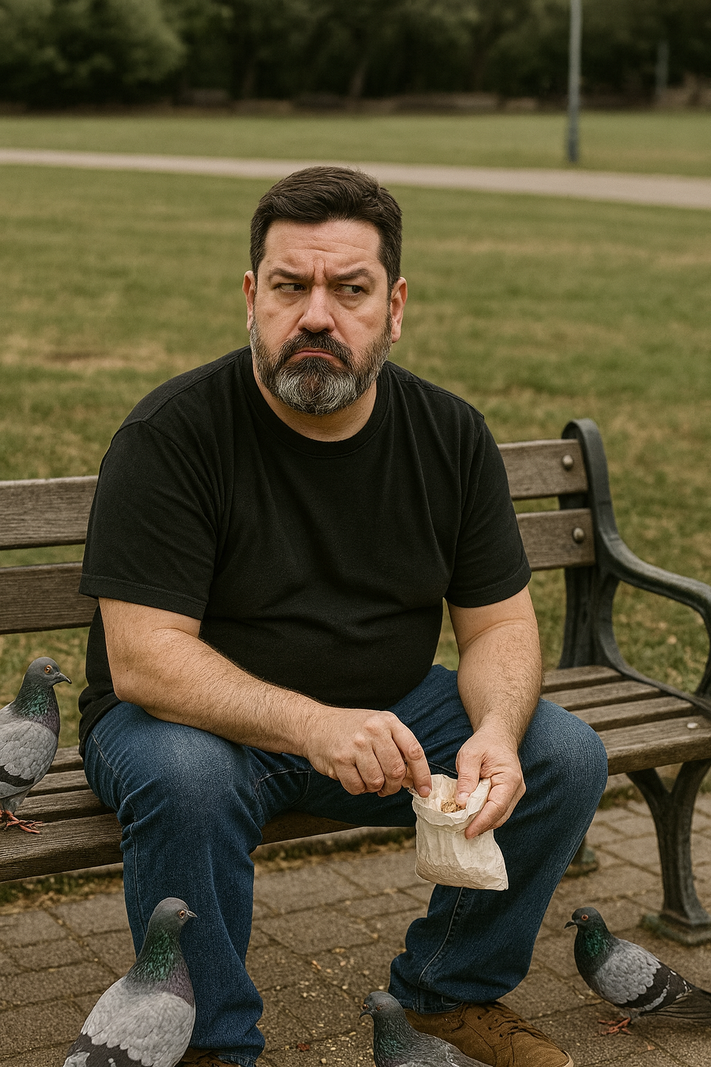 Lazer no Acre – Ton sentado em praça vazia dando comida aos pombos