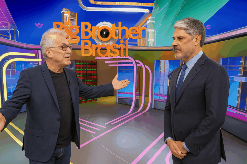 Pedro Bial chama Willian Bonner para fora da casa em paródia humorística no cenário colorido do Big Brother Brasil.