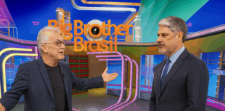 Pedro Bial chama Willian Bonner para fora da casa em paródia humorística no cenário colorido do Big Brother Brasil.