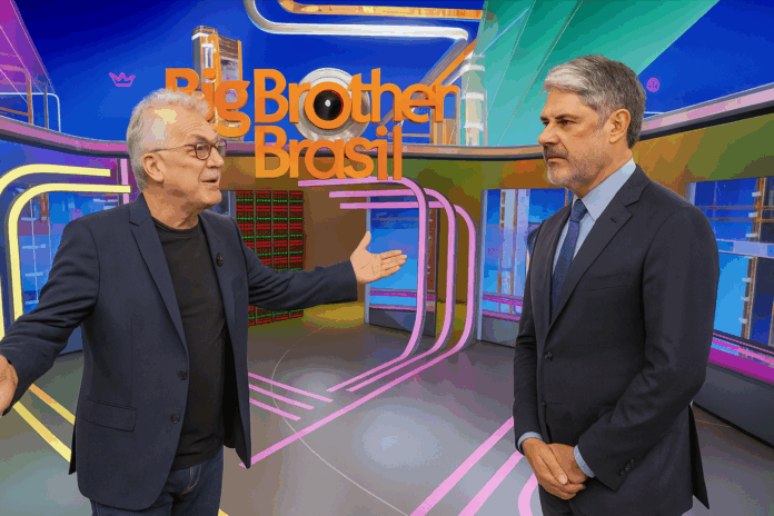 Pedro Bial chama Willian Bonner para fora da casa em paródia humorística no cenário colorido do Big Brother Brasil.
