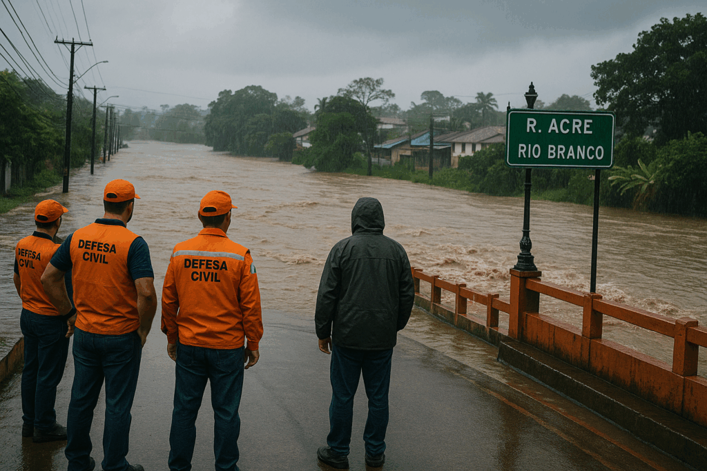 chuvas no Acre com Defesa Civil monitorando o Rio Acre em alerta