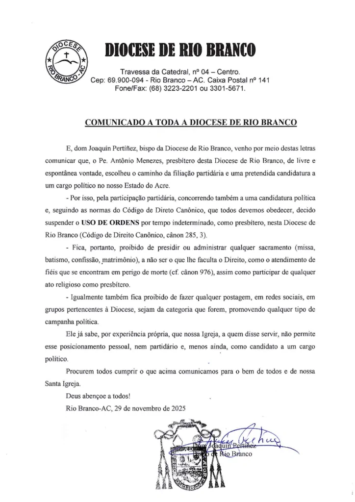Diocese afasta padre Antônio Menezes após filiação ao PT do Acre | Cidade AC News – Notícias do Acre