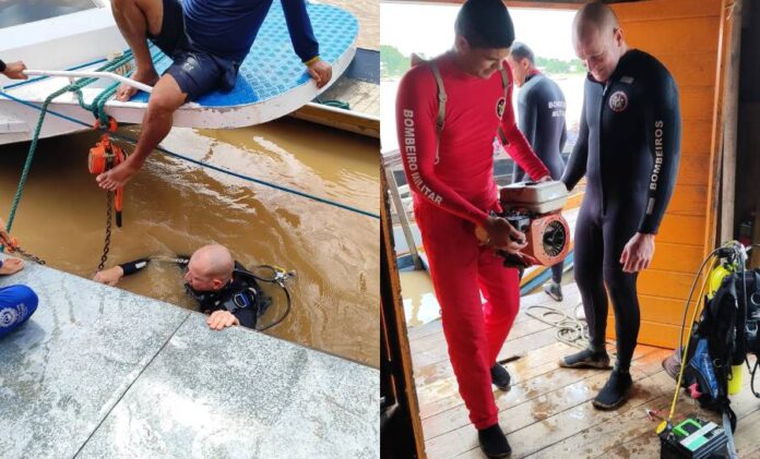 corpo-de-bombeiros-resgata-embarcacao-e-motores-apos-naufragio-no-rio-jurua,-em-cruzeiro-do-sul