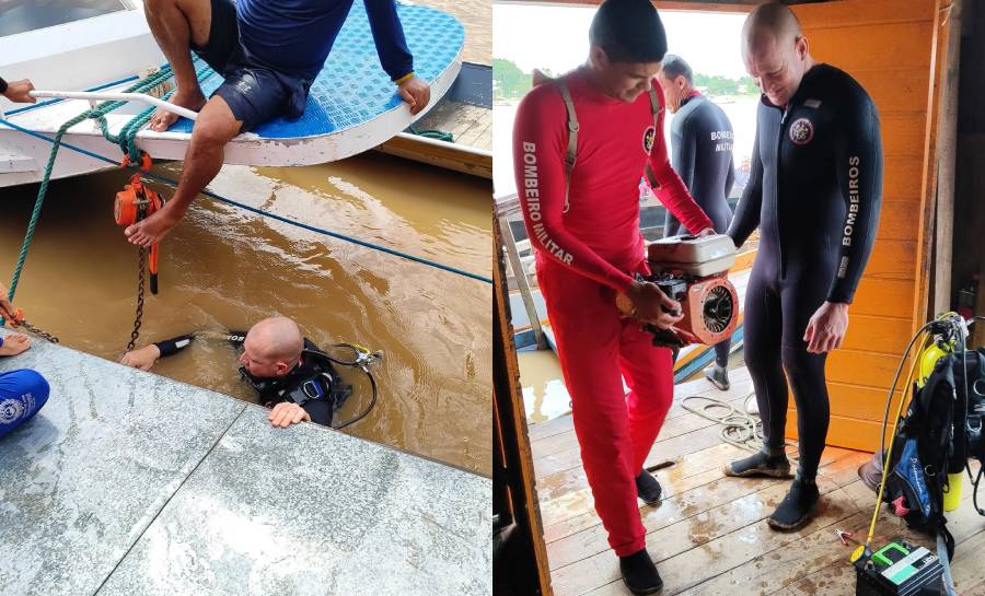 corpo-de-bombeiros-resgata-embarcacao-e-motores-apos-naufragio-no-rio-jurua,-em-cruzeiro-do-sul