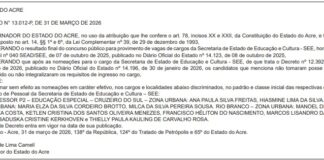 concurso SEE Acre nomeações anuladas Diário Oficial Acre Rio Branco