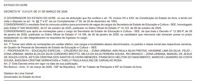 concurso SEE Acre nomeações anuladas Diário Oficial Acre Rio Branco
