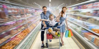 família fazendo compras com preços altos em supermercado no Acre