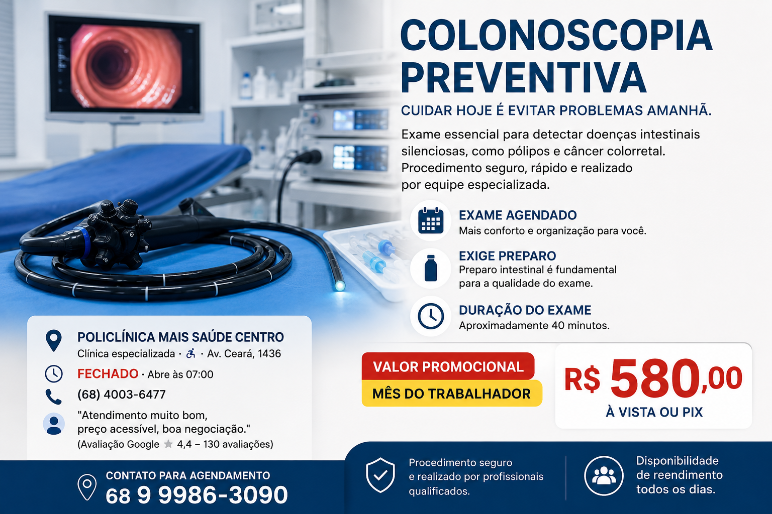 <h2 style="font-size: 20px;"><span style="font-size: 18pt;"><strong>Colonoscopia preventiva pode detectar câncer silencioso antes dos sintomas aparecerem</strong></span></h2><p style="font-size: 14px;"><strong><span style="font-size: 14pt; color: #808080;">Exame ajuda a identificar pólipos, sangramentos, inflamações e alterações intestinais antes do agravamento. Procedimento é agendado, exige preparo e dura aproximadamente 40 minutos.</span></strong></p> <p><strong>Por <a href="https://cidadeacnews.com.br/eliton-muniz/">Eliton Lobato Muniz</a> — <a href="https://cidadeacnews.com.br">Cidade AC News</a></strong><br> 📍 Rio Branco (AC) — 18 de maio de 2026<br> Notícias: <a href="https://cidadeacnews.com.br">https://cidadeacnews.com.br</a><br> Rádio ao vivo: <a href="https://www.radiocidadeac.com.br">https://www.radiocidadeac.com.br</a></p> <hr style="border:0;height:3px;background:#b30000;width:100%;"> <div style="background:#f2f6fb;border-left:6px solid #003b73;padding:18px;margin:20px 0;border-radius:8px;"> <h2 style="margin-top:0;color:#003b73;"><strong>📍 Atendimento em destaque</strong></h2> <p style="font-size:18px;"><strong>MAIS SAÚDE | Clínica – Consultas e Exames Especializados</strong></p> <p style="font-size:18px;"><strong>Endereço:</strong> Avenida Ceará, 1436 — Rio Branco (AC)</p> <p><strong>Contato para agendamento:</strong> <a href="tel:+5568999863090">68 9 9986-3090</a></p> <p><strong>Valor promocional — Mês do Trabalhador:</strong> R$ 580,00 à vista ou Pix</p> <p><strong>Importante:</strong> exame agendado, exige preparo intestinal e dura aproximadamente 40 minutos.</p> </div> <p>A <strong>colonoscopia preventiva</strong> ainda é cercada por medo, vergonha e desinformação. Para muita gente, o exame só entra na conversa quando surge dor, sangramento ou alteração intestinal persistente. O problema é que várias doenças do intestino podem evoluir de forma silenciosa, sem sinais claros no início.</p> <p>É exatamente por isso que a colonoscopia ocupa um papel decisivo na medicina preventiva. O exame permite visualizar o intestino grosso por dentro, identificar alterações e, em muitos casos, agir antes que o problema se torne mais grave.</p> <h2><strong>Por que fazer colonoscopia?</strong></h2> <p>A colonoscopia não deve ser vista apenas como um exame para investigar sintomas. Ela também é uma ferramenta de prevenção. Durante o procedimento, o médico pode identificar pólipos intestinais, sangramentos ocultos, inflamações, alterações no reto e no cólon, além de sinais compatíveis com doenças inflamatórias intestinais.</p> <p>O ponto mais importante está nos pólipos. Alguns deles podem se transformar em câncer ao longo do tempo. Quando são encontrados precocemente, podem ser removidos antes de evoluírem para uma doença mais grave.</p> <p>Ou seja: a colonoscopia pode não apenas descobrir doenças. Em determinados casos, ela ajuda a impedir que elas avancem.</p> <h2><strong>Quais doenças podem ser identificadas?</strong></h2> <ul> <li>câncer colorretal;</li> <li>pólipos intestinais;</li> <li>doença de Crohn;</li> <li>retocolite ulcerativa;</li> <li>diverticulite;</li> <li>inflamações intestinais;</li> <li>sangramentos internos;</li> <li>úlceras;</li> <li>alterações no reto e no cólon;</li> <li>anemias provocadas por perdas ocultas de sangue.</li> </ul> <p>Essas condições nem sempre começam com sinais fortes. Muitas vezes, o paciente convive com sintomas discretos e normaliza o problema. Aí mora o risco: o corpo pode estar avisando, mas a rotina abafa o alerta.</p> <h2><strong>Sinais de alerta que não devem ser ignorados</strong></h2> <p>Alguns sintomas exigem atenção e avaliação médica:</p> <ul> <li>sangue nas fezes;</li> <li>dor abdominal recorrente;</li> <li>perda de peso sem explicação;</li> <li>anemia persistente;</li> <li>mudança no funcionamento intestinal;</li> <li>constipação frequente;</li> <li>diarreia contínua;</li> <li>fraqueza sem causa aparente.</li> </ul> <p>Esses sinais não significam automaticamente câncer, mas indicam que algo precisa ser investigado. Ignorar sintomas persistentes pode atrasar diagnósticos importantes.</p> <h2><strong>Exame agendado e com preparo</strong></h2> <p>A colonoscopia é um exame que precisa ser agendado e exige preparo intestinal. Esse preparo é fundamental para que o médico consiga visualizar adequadamente o intestino e realizar uma avaliação segura e precisa.</p> <p>Quando o preparo é mal feito, a qualidade do exame pode ser prejudicada. Por isso, o paciente deve seguir corretamente as orientações recebidas pela equipe de saúde.</p> <p>O procedimento dura, em média, cerca de <strong>40 minutos</strong>, podendo variar conforme a avaliação individual de cada paciente.</p> <h2><strong>Disponibilidade e agendamento</strong></h2> <div style="background:#fff4e5;border-left:6px solid #e68a00;padding:18px;margin:20px 0;border-radius:8px;"> <p style="font-size:18px;"><strong>📌 Colonoscopia preventiva na MAIS SAÚDE</strong></p> <p><strong>Clínica:</strong> MAIS SAÚDE | Clínica – Consultas e Exames Especializados</p> <p><strong>Endereço:</strong> Avenida Ceará, 1436 — Rio Branco (AC)</p> <p><strong>Contato:</strong> <a href="tel:+5568999863090">68 9 9986-3090</a></p> <p><strong>Valor promocional:</strong> R$ 580,00 à vista ou Pix</p> <p><strong>Condição:</strong> exame agendado e com preparo obrigatório.</p> </div> <p>A disponibilidade de atendimento facilita o acesso de pacientes que precisam investigar sintomas ou realizar prevenção. A orientação é procurar a equipe da clínica, informar a necessidade do exame e receber as instruções corretas para o preparo.</p> <h2><strong>O medo não pode ser maior que a prevenção</strong></h2> <p>Muita gente adia a colonoscopia por medo do preparo, vergonha do procedimento ou receio do resultado. Mas esse adiamento pode custar caro. Doenças intestinais podem evoluir em silêncio, e o diagnóstico precoce muda completamente o caminho do tratamento.</p> <p>A verdade é simples: o exame pode ser desconfortável no preparo, mas a falta de diagnóstico pode ser muito mais pesada depois.</p> <p>A <strong>colonoscopia preventiva</strong> existe para antecipar problemas, reduzir riscos e dar ao paciente uma chance real de cuidar da saúde antes da emergência.</p> <p><strong>O intestino frequentemente avisa antes da crise. O problema é que muita gente só procura ajuda quando o corpo já está no limite.</strong></p> <hr style="border:0;height:3px;background:#003b73;width:100%;"> <p><strong>Sobre o Cidade AC News</strong></p> <p>O Cidade AC News é mais uma ferramenta de comunicação independente e regional, comprometido com informação verificada, útil e responsável. Atuamos com clareza, velocidade e confiança para entregar notícias que respeitam o leitor, fortalecem o debate público e valorizam o Acre.</p> <p><strong>Cidade AC News — Jornalismo com método.</strong><br> Não somos palco, somos ponte.<br> Não somos vidência, somos verificação.<br> Não somos protagonistas, somos serviço público.</p> <p><strong>Sistema Cidade de Comunicação:</strong> Rádio, Site de Notícias e Canal YouTube.</p> <p><strong>Por <a href="https://cidadeacnews.com.br/eliton-muniz/">Eliton Lobato Muniz</a> — <a href="https://cidadeacnews.com.br">Cidade AC News</a></strong><br> 📍 Rio Branco (AC) — 18 de maio de 2026<br> Notícias: <a href="https://cidadeacnews.com.br">https://cidadeacnews.com.br</a><br> A MAIS SAÚDE | Clínica – Consultas e Exames Especializados disponibiliza atendimento diário em Rio Branco para avaliação e realização do exame.