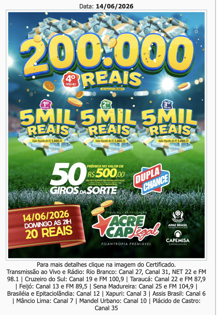 Cartaz do AcreCap Legal anuncia sorteio de R$ 200 mil em 14 de junho