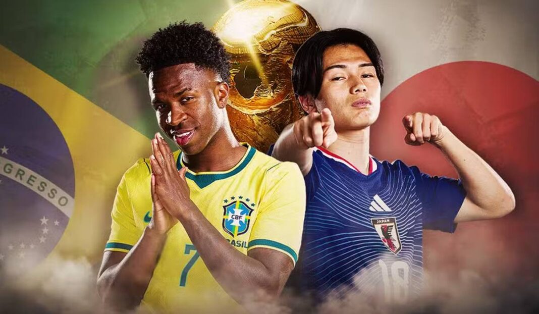 ogadores do Brasil comemoram vitória sobre o Japão pela Copa do Mundo de 2026.